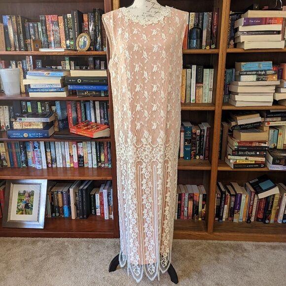 vintage 80s does 20s Jessica mclintock pink and ivory lace maxi dress sz m euc - Picture 1 of 9